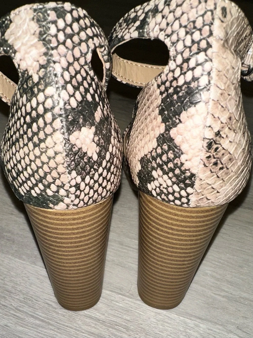 Sun + Stone - Beige and Black Snake-Print Ankle Strap Block Heels